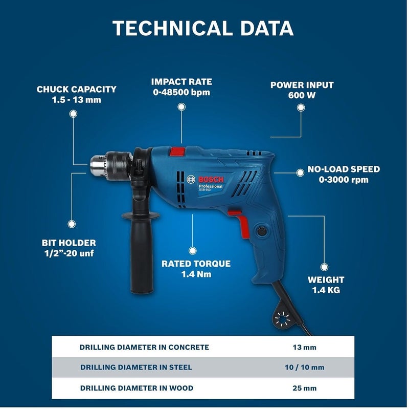 BOSCH Professional GSB 600 Impact Drill 600W, 13mm Corded Hammer Drill, Variable Speed, Forward/Reverse, Keyed Chuck, Drilling for Concrete, Masonry, Metal & Wood – 06011A03LA - Image 3